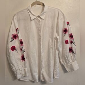 Eshakti Womens White Poplin Button Up Blouse Red Flowers Full Sleeves Sz L/XL